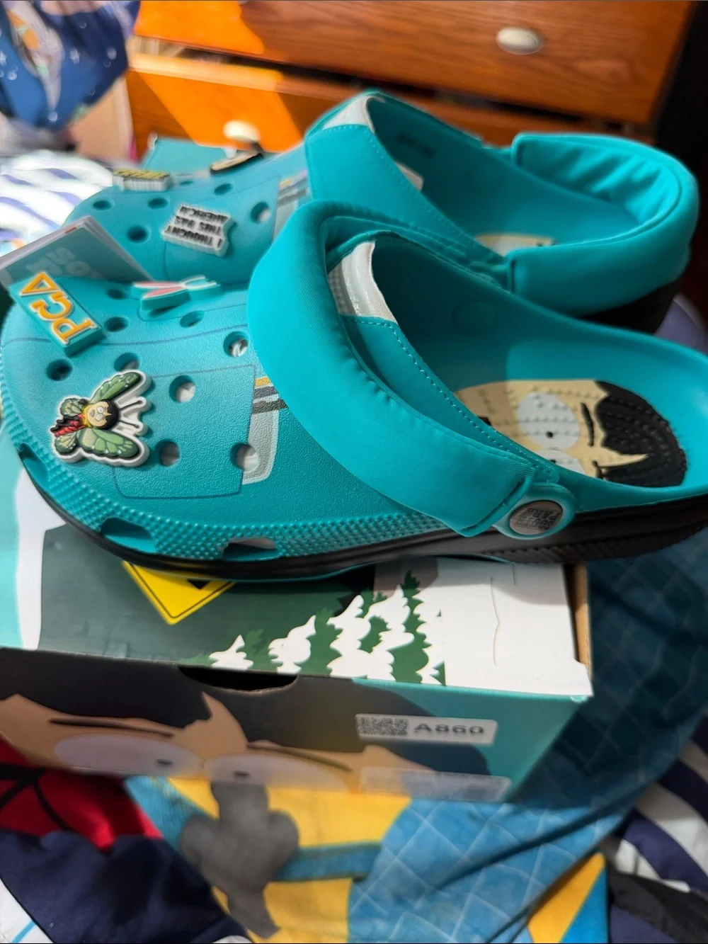 Mens Teal Slip-On Croc Shoes with Charms